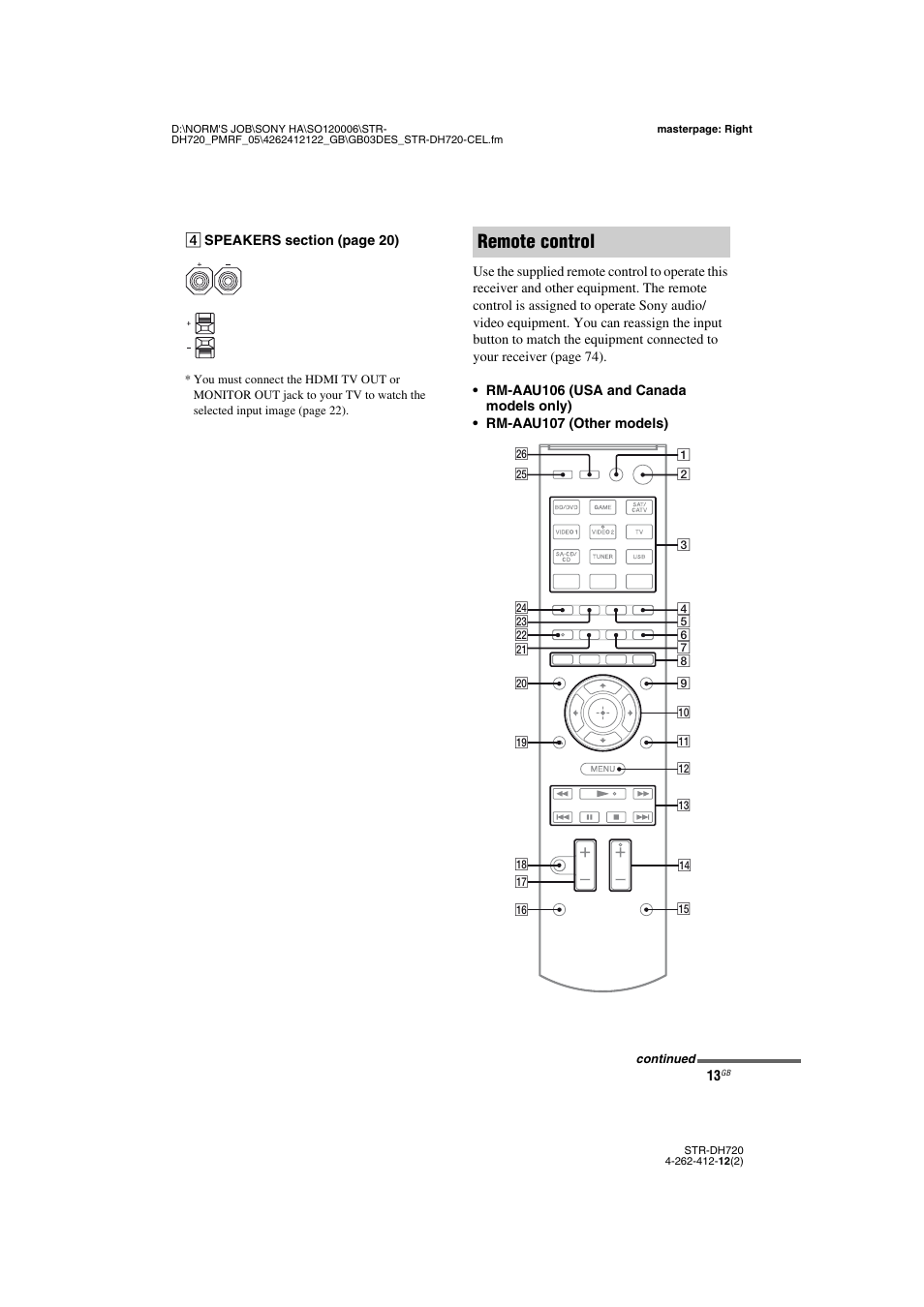 Remote control | Sony STR-DH720 User Manual | Page 13 / 88