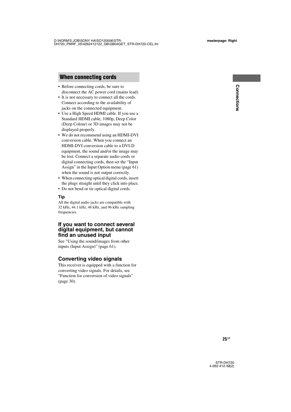 When connecting cords, Converting video signals | Sony STR-DH720 User Manual | Page 25 / 88