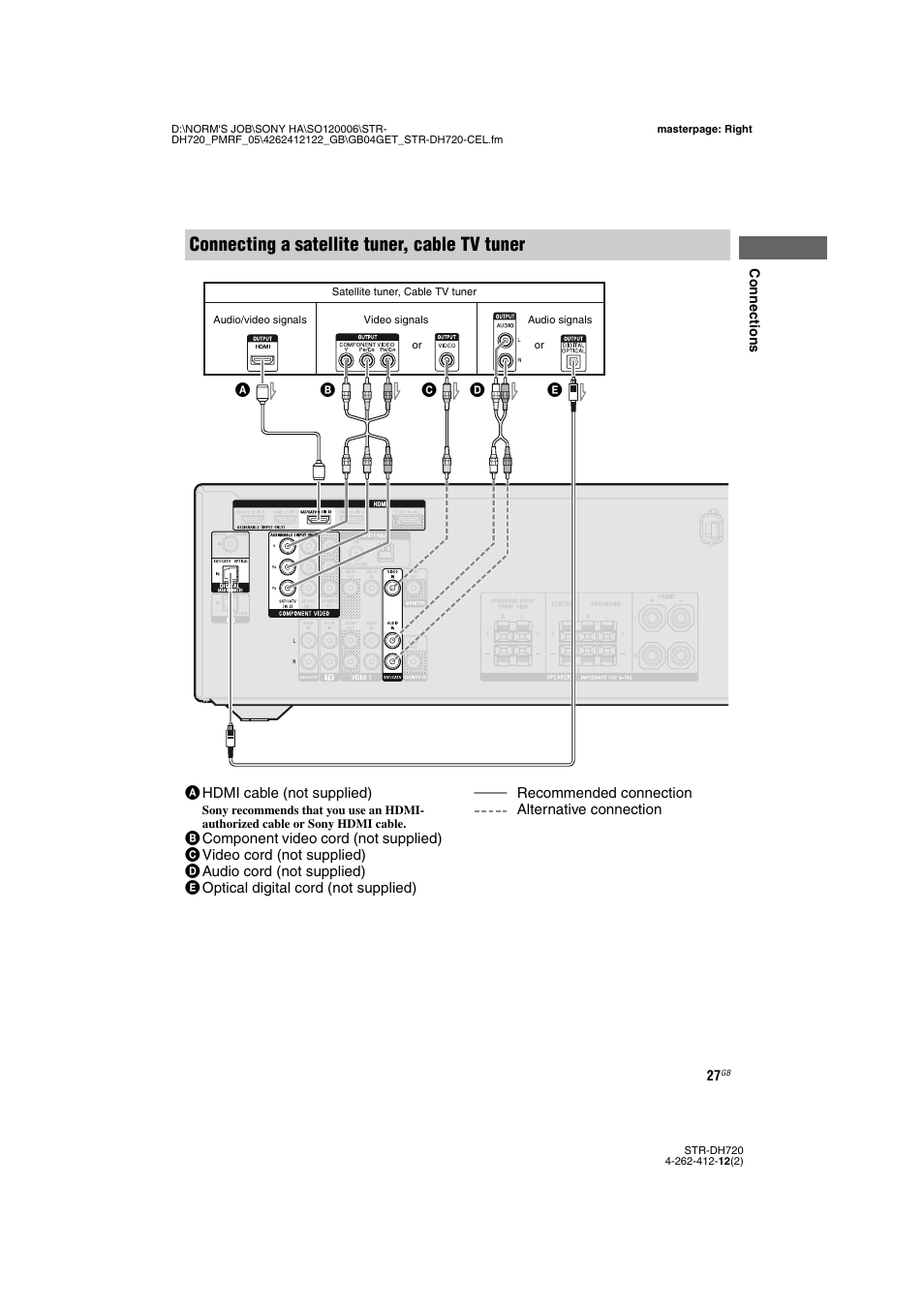 Connecting a satellite tuner, cable tv tuner | Sony STR-DH720 User Manual | Page 27 / 88