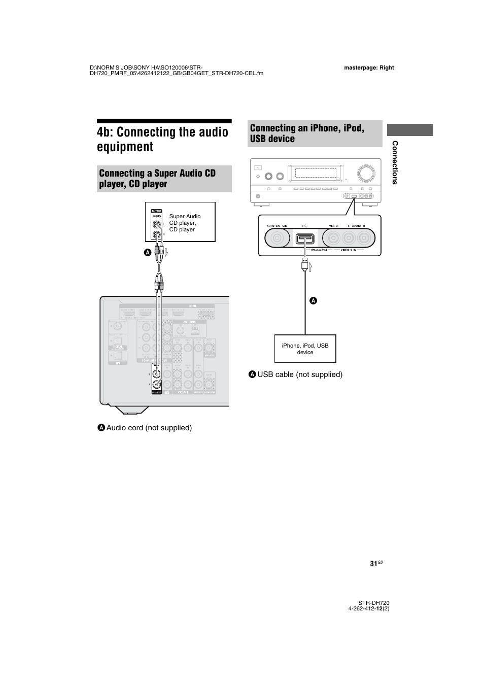 4b: connecting the audio equipment, Connecting a super audio cd player, cd player, Connecting an iphone, ipod, usb device | Sony STR-DH720 User Manual | Page 31 / 88