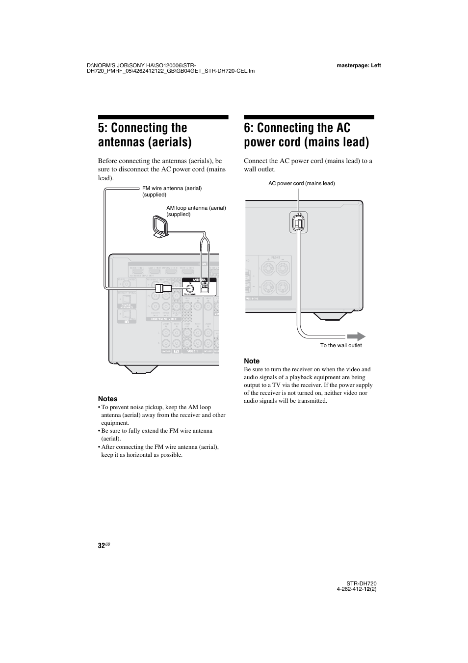 Connecting the antennas (aerials), Connecting the ac power cord (mains lead), Mains lead) | Sony STR-DH720 User Manual | Page 32 / 88