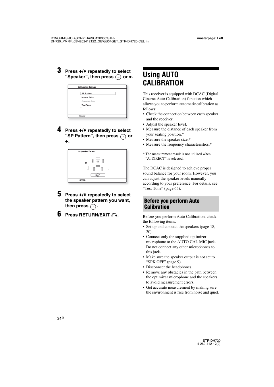 Using auto calibration, Before you perform auto calibration | Sony STR-DH720 User Manual | Page 34 / 88