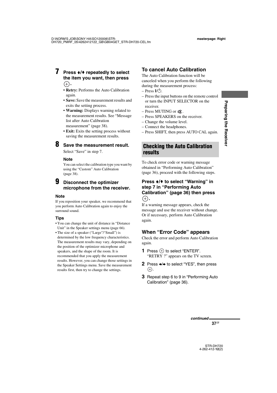Checking the auto calibration results | Sony STR-DH720 User Manual | Page 37 / 88