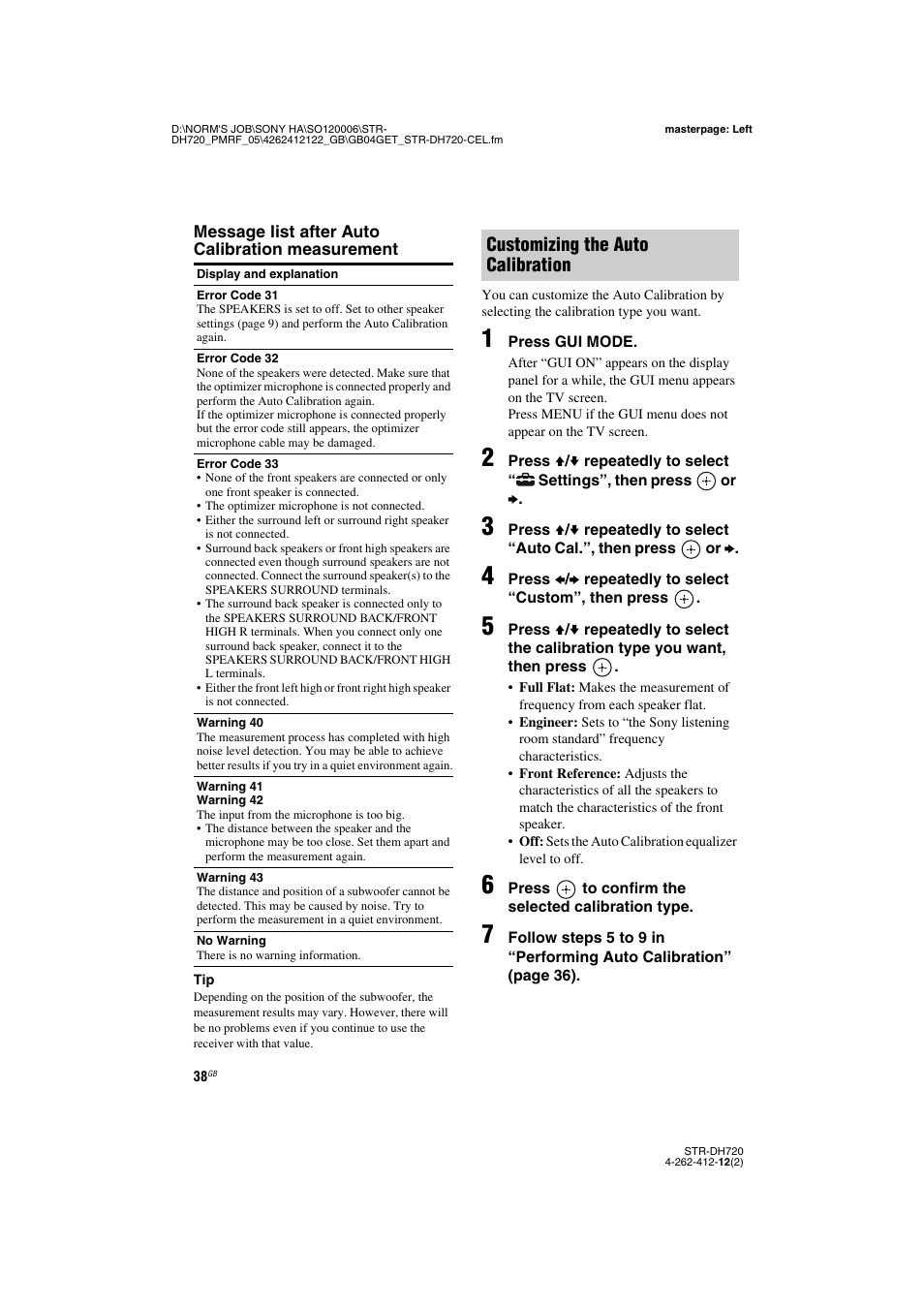 Customizing the auto calibration | Sony STR-DH720 User Manual | Page 38 / 88