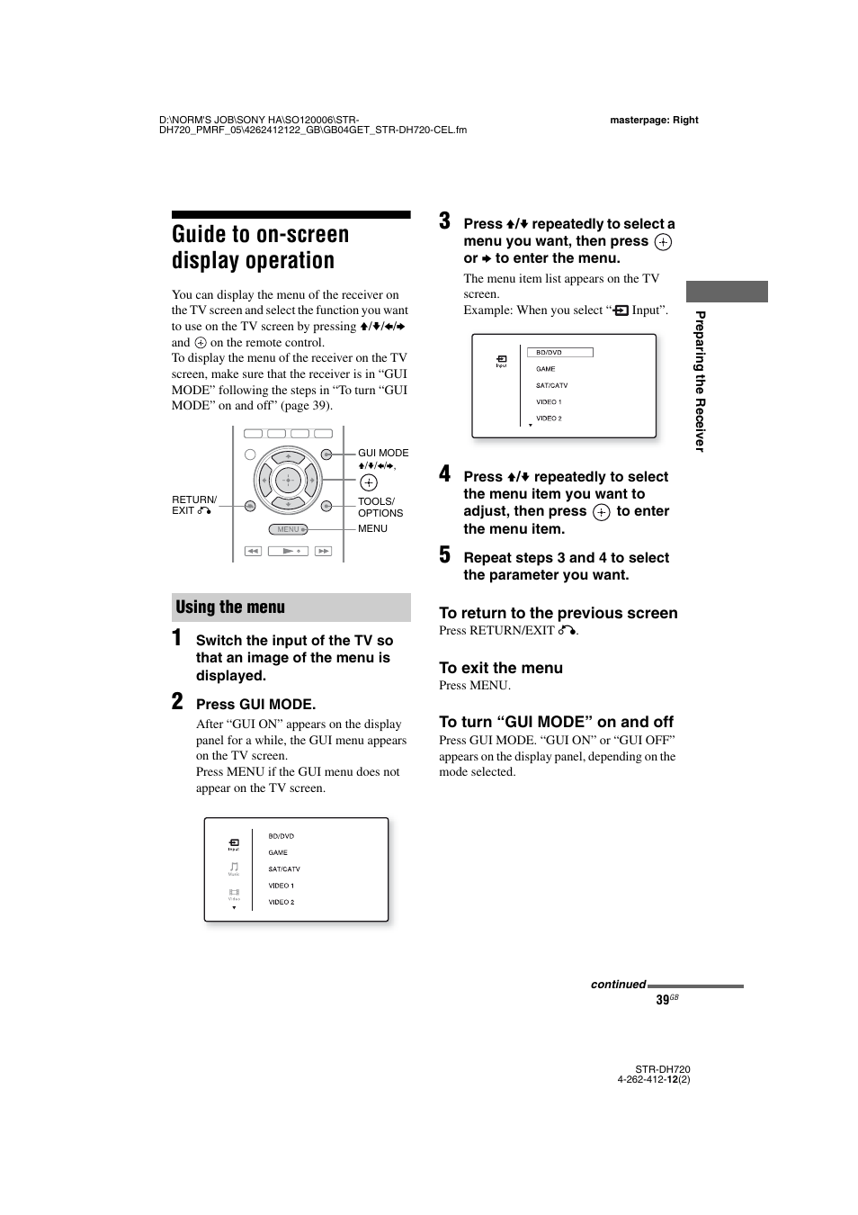 Guide to on-screen display operation, Using the menu | Sony STR-DH720 User Manual | Page 39 / 88