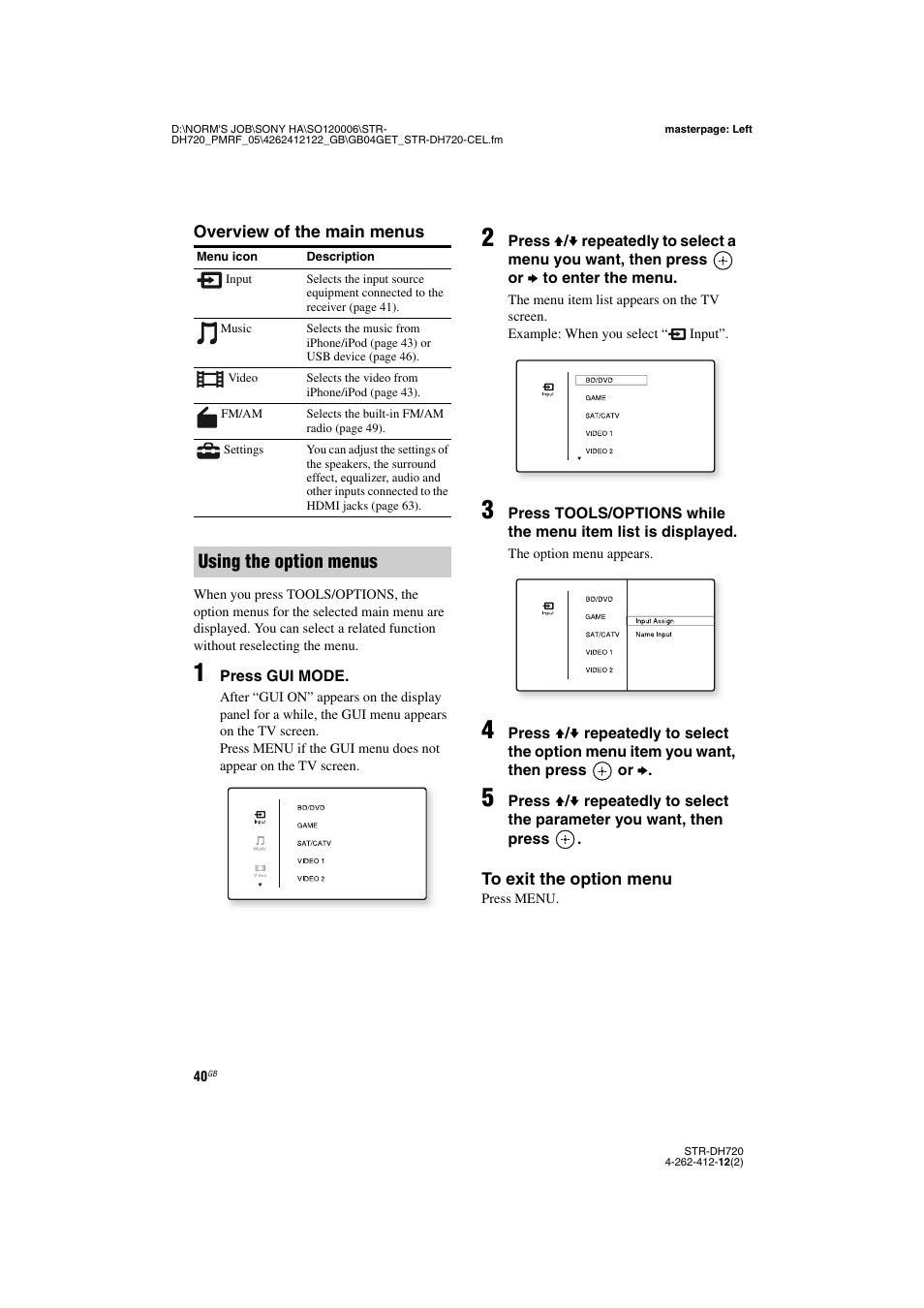 Using the option menus | Sony STR-DH720 User Manual | Page 40 / 88