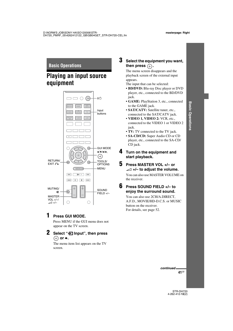 Basic operations, Playing an input source equipment, E 41, 42 | Playing an input source equipment 1 | Sony STR-DH720 User Manual | Page 41 / 88