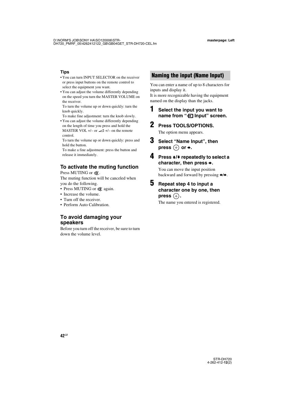 E 42, 48, Naming the input (name input) | Sony STR-DH720 User Manual | Page 42 / 88