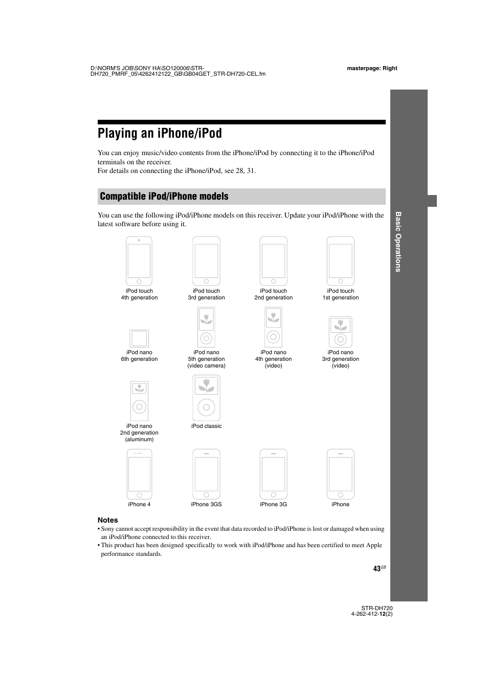 Playing an iphone/ipod, Compatible ipod/iphone models | Sony STR-DH720 User Manual | Page 43 / 88