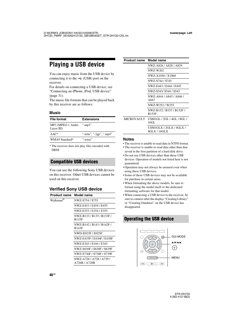 Playing a usb device, Compatible usb devices, Operating the usb device | Verified sony usb device | Sony STR-DH720 User Manual | Page 46 / 88