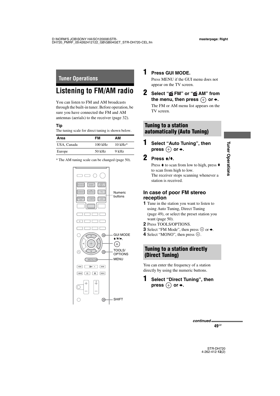 Tuner operations, Listening to fm/am radio | Sony STR-DH720 User Manual | Page 49 / 88