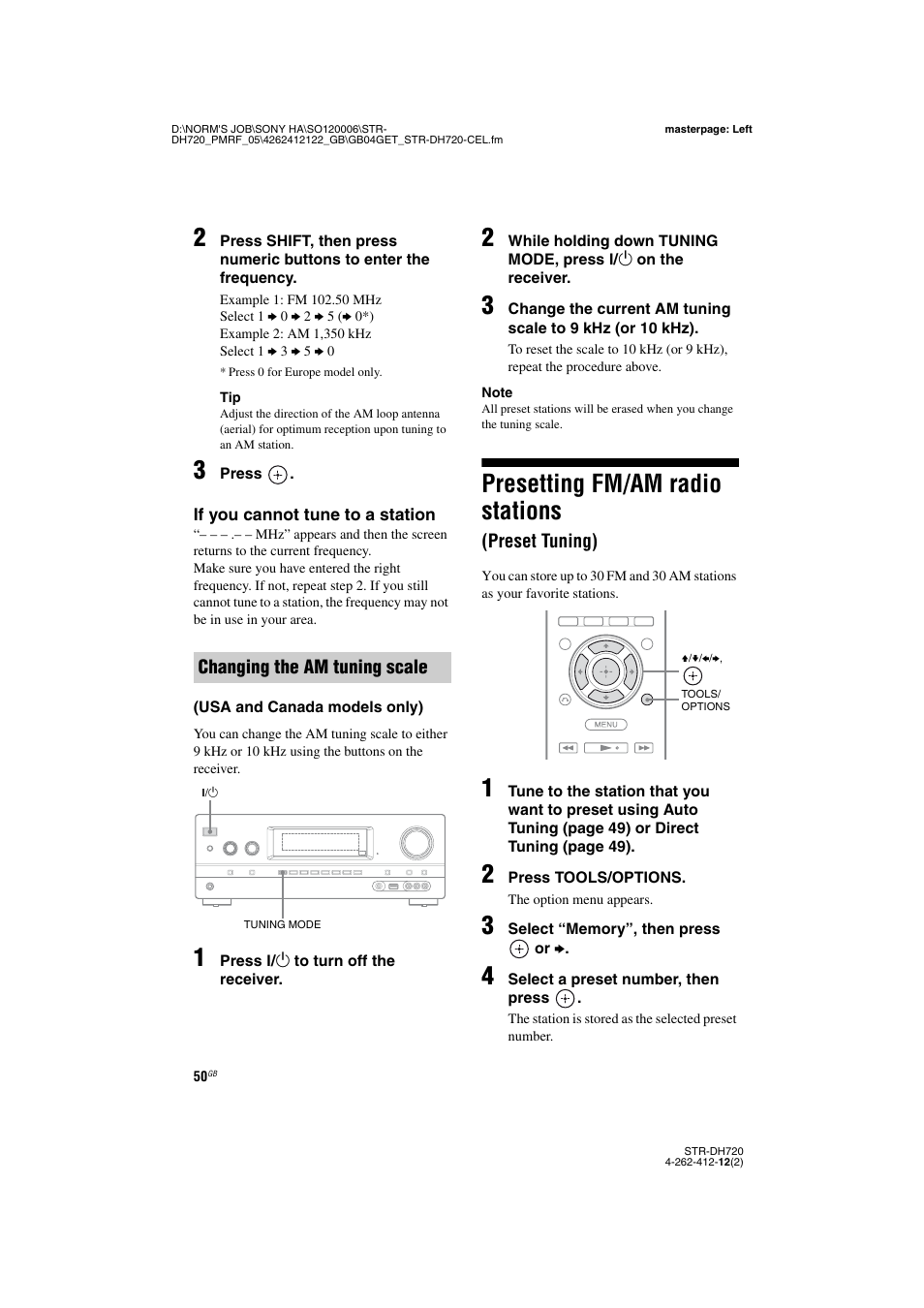 Presetting fm/am radio stations (preset tuning), Presetting fm/am radio stations, Preset tuning) | Sony STR-DH720 User Manual | Page 50 / 88