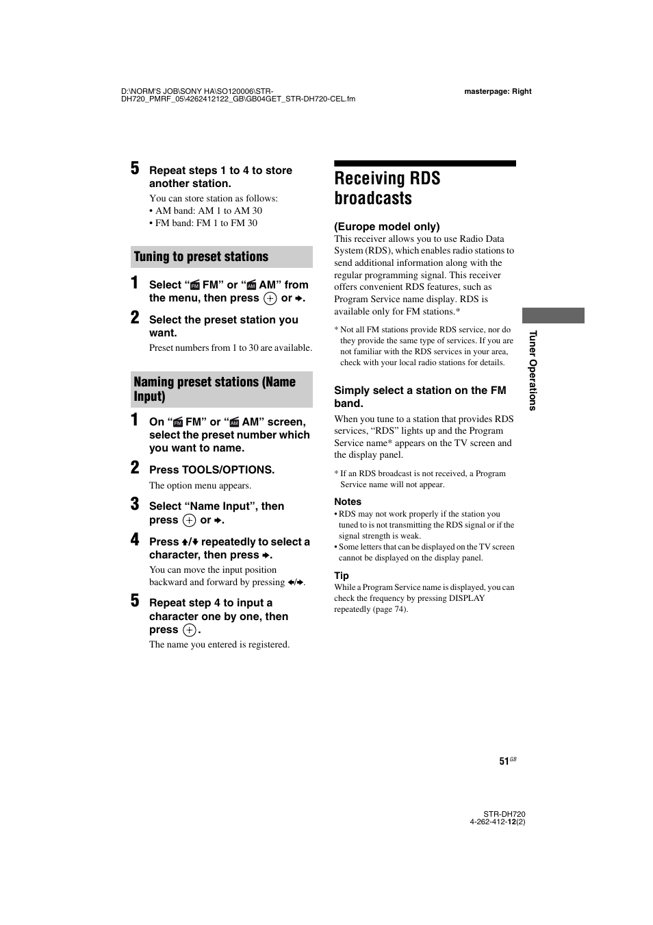 Receiving rds broadcasts, Europe model only), E 51, 74) | Sony STR-DH720 User Manual | Page 51 / 88