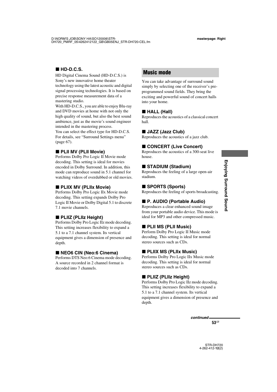 Music mode | Sony STR-DH720 User Manual | Page 53 / 88