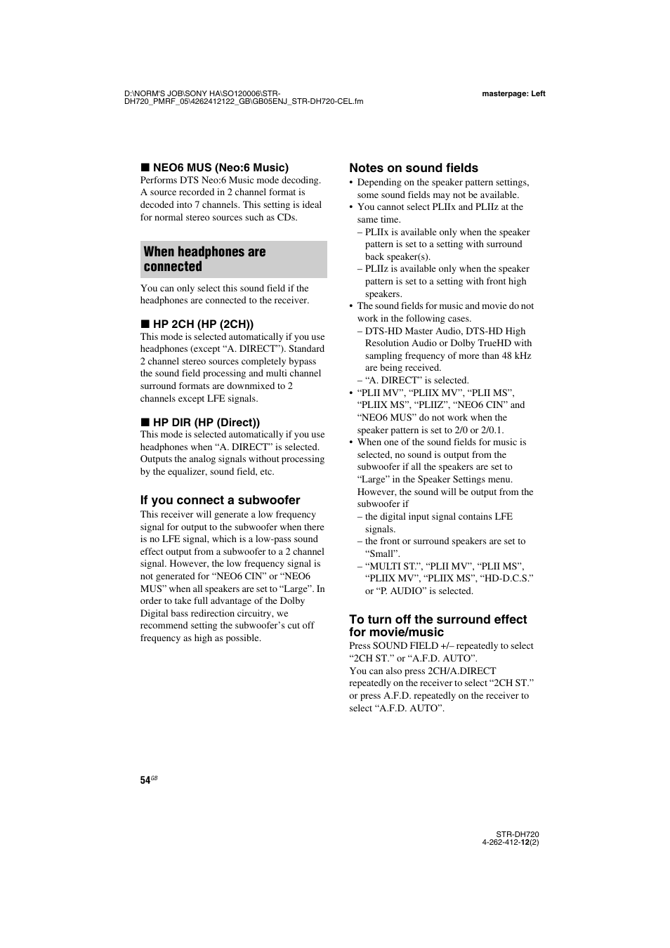 When headphones are connected | Sony STR-DH720 User Manual | Page 54 / 88