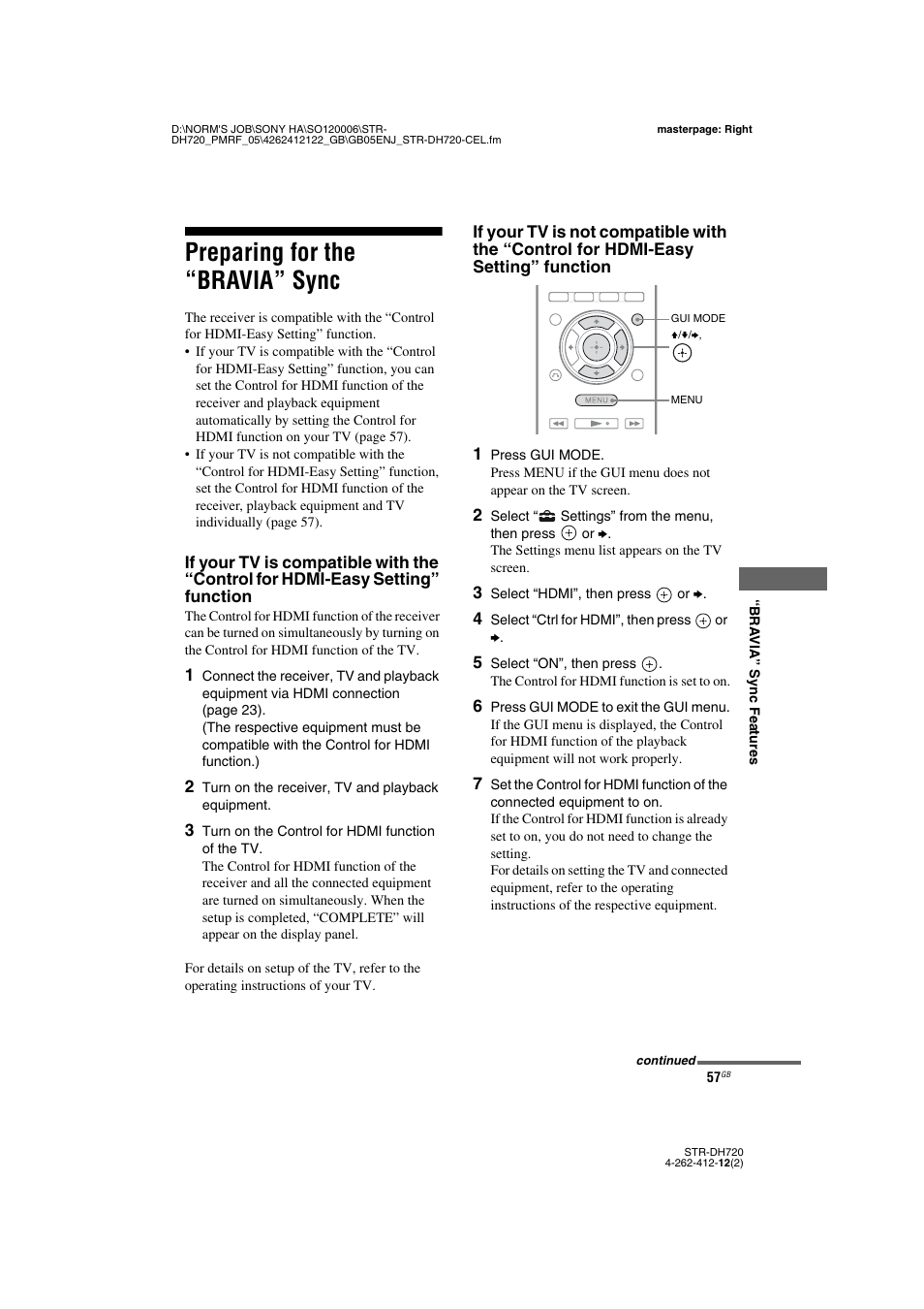 Preparing for the “bravia” sync | Sony STR-DH720 User Manual | Page 57 / 88