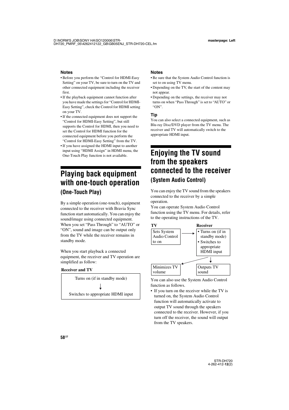 Playing back equipment with one-touch, Operation (one-touch play), Enjoying the tv sound from the speakers | Connected to the receiver, System audio control), Playing back equipment with one-touch operation, One-touch play) | Sony STR-DH720 User Manual | Page 58 / 88