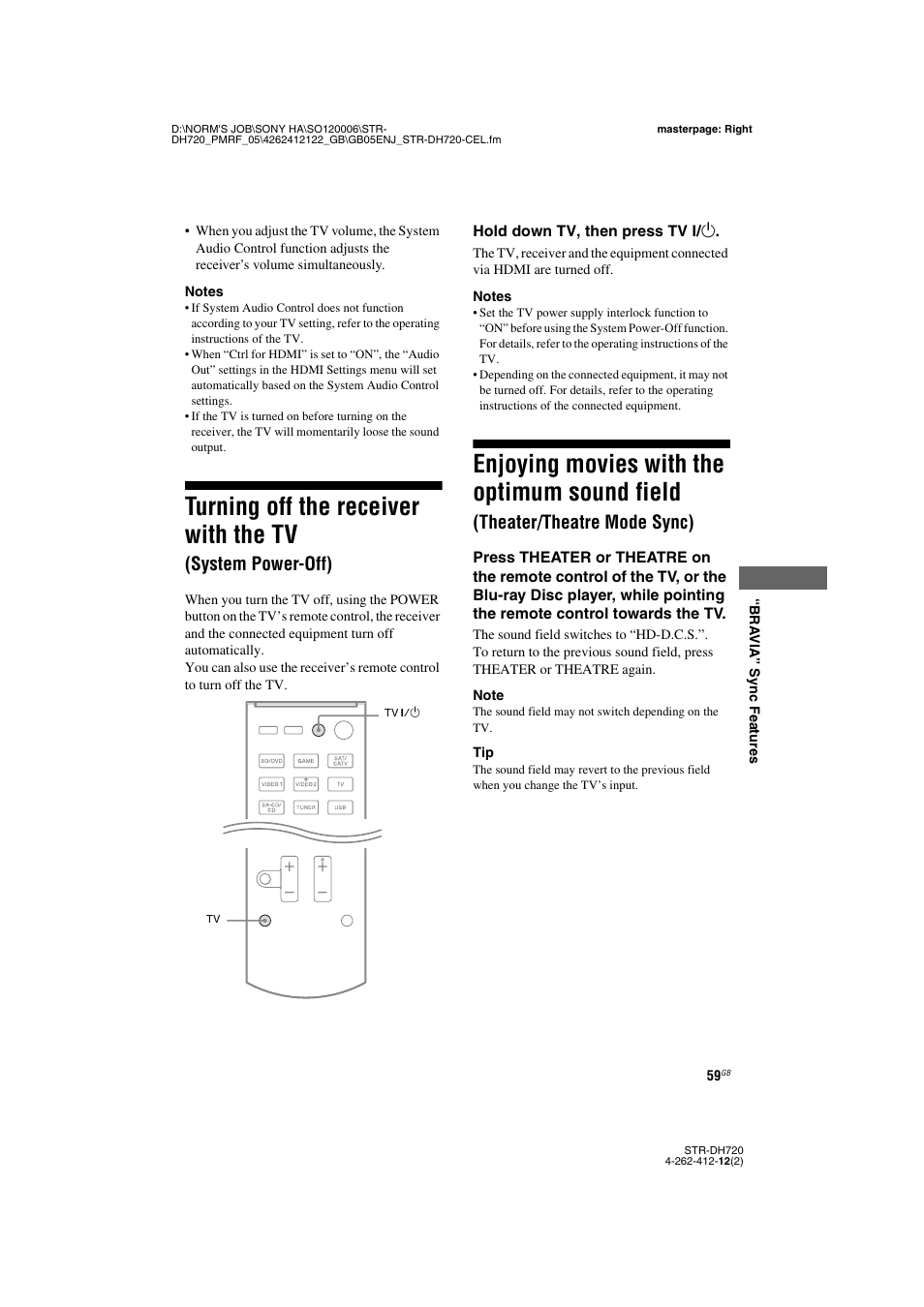 Turning off the receiver with the tv, System power-off), Enjoying movies with the optimum sound | Field (theater/theatre mode sync), Enjoying movies with the optimum sound field, Theater/theatre mode sync) | Sony STR-DH720 User Manual | Page 59 / 88