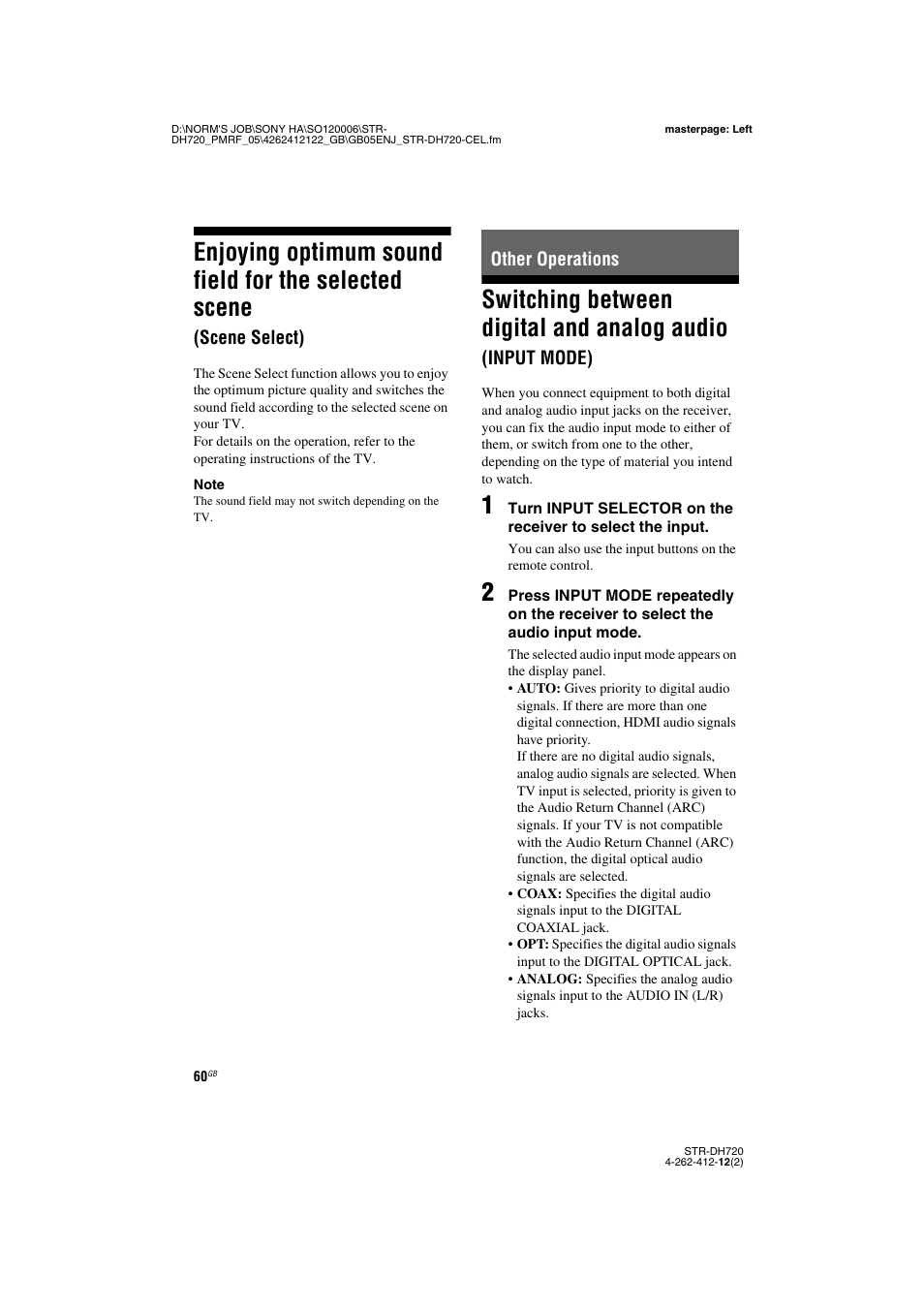 Other operations, Enjoying optimum sound field for the selected, Scene (scene select) | Switching between digital and analog audio, Input mode) | Sony STR-DH720 User Manual | Page 60 / 88