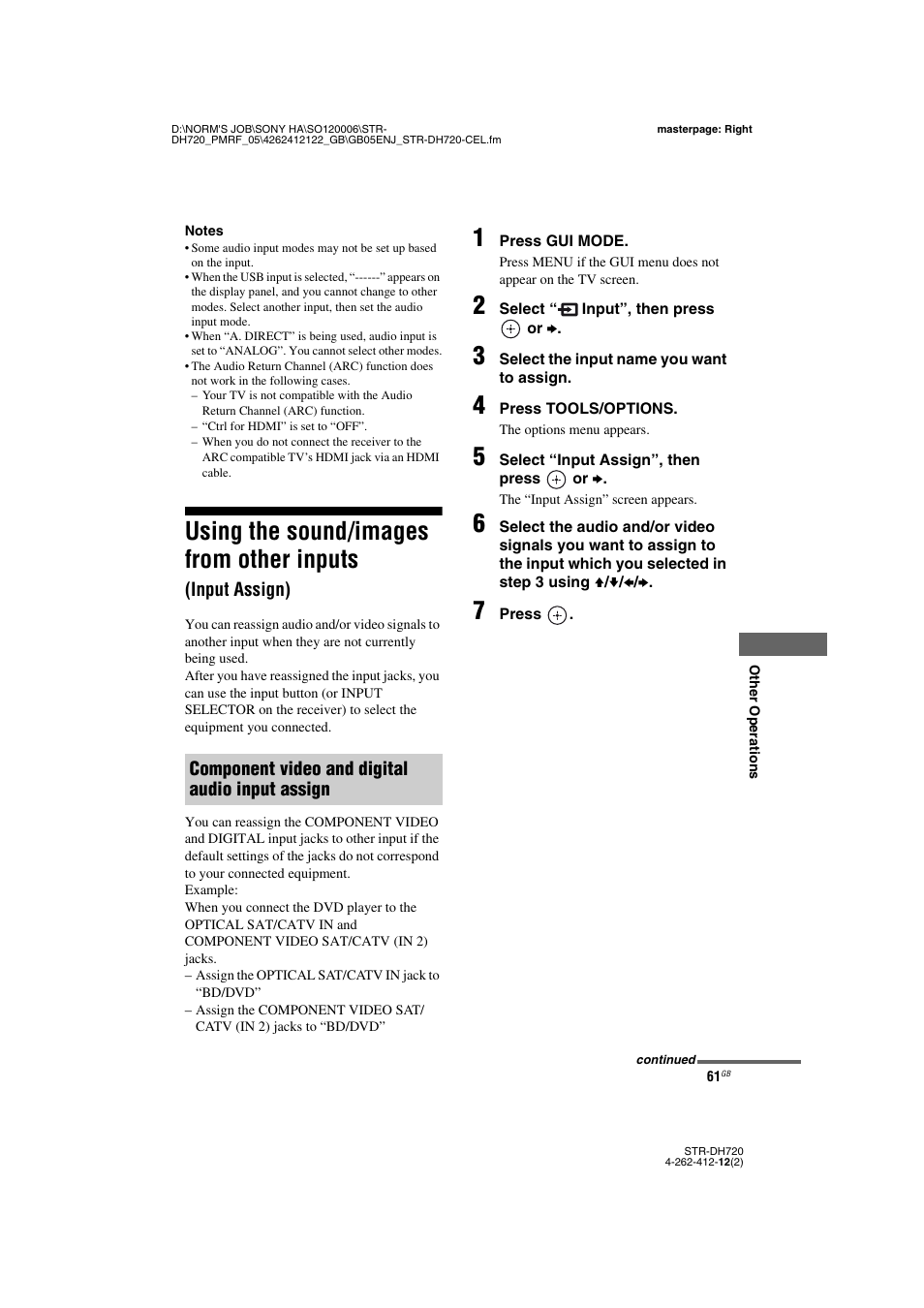 Using the sound/images from other inputs, Input assign) | Sony STR-DH720 User Manual | Page 61 / 88