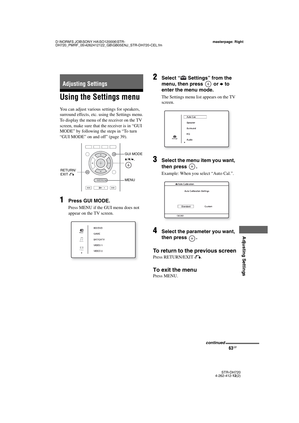 Adjusting settings, Using the settings menu | Sony STR-DH720 User Manual | Page 63 / 88