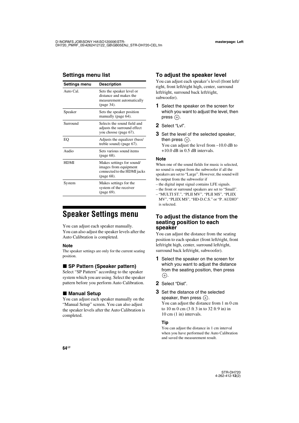 Speaker settings menu | Sony STR-DH720 User Manual | Page 64 / 88