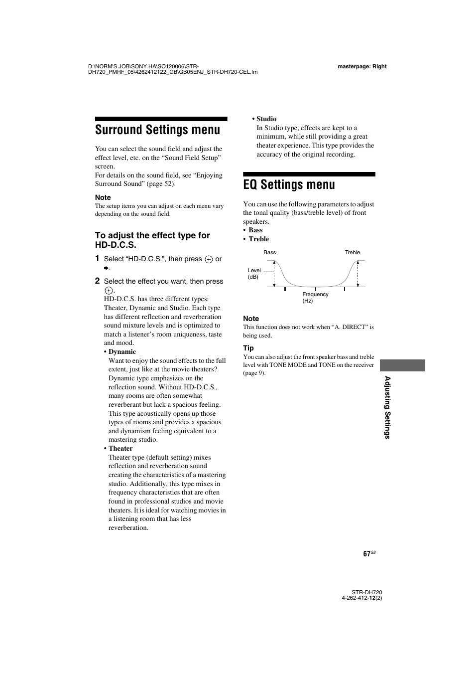 Surround settings menu, Eq settings menu, Surround settings menu eq settings menu | Sony STR-DH720 User Manual | Page 67 / 88