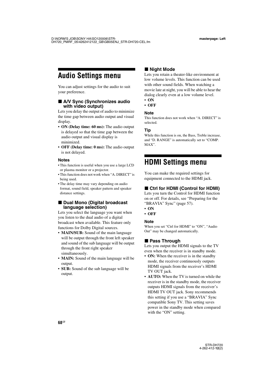 Audio settings menu, Hdmi settings menu, Audio settings menu hdmi settings menu | Sony STR-DH720 User Manual | Page 68 / 88