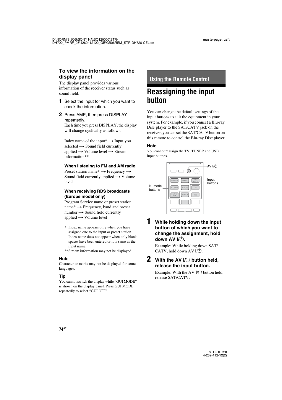 Using the remote control, Reassigning the input button | Sony STR-DH720 User Manual | Page 74 / 88