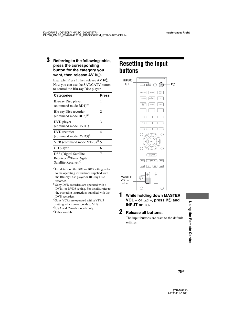 Resetting the input buttons, Resetting the input buttons 1 | Sony STR-DH720 User Manual | Page 75 / 88