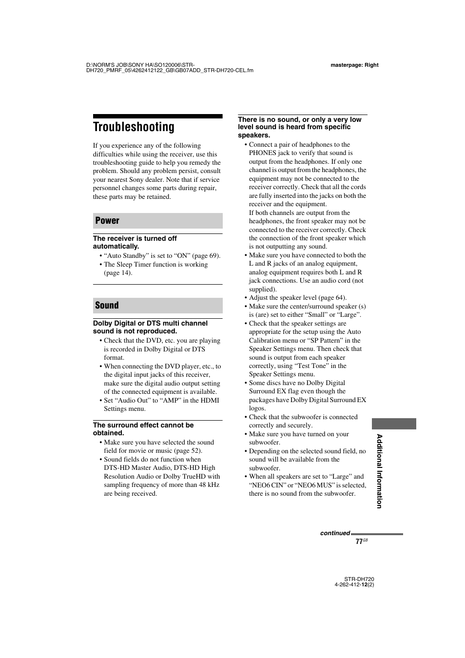 Troubleshooting, Power sound | Sony STR-DH720 User Manual | Page 77 / 88