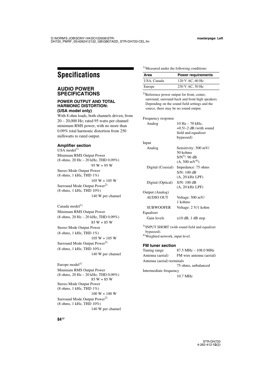 Specifications, Audio power specifications | Sony STR-DH720 User Manual | Page 84 / 88