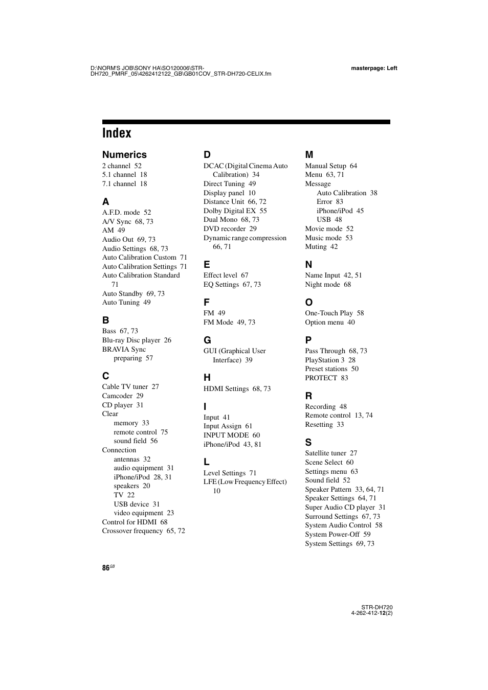 Index, Numerics | Sony STR-DH720 User Manual | Page 86 / 88