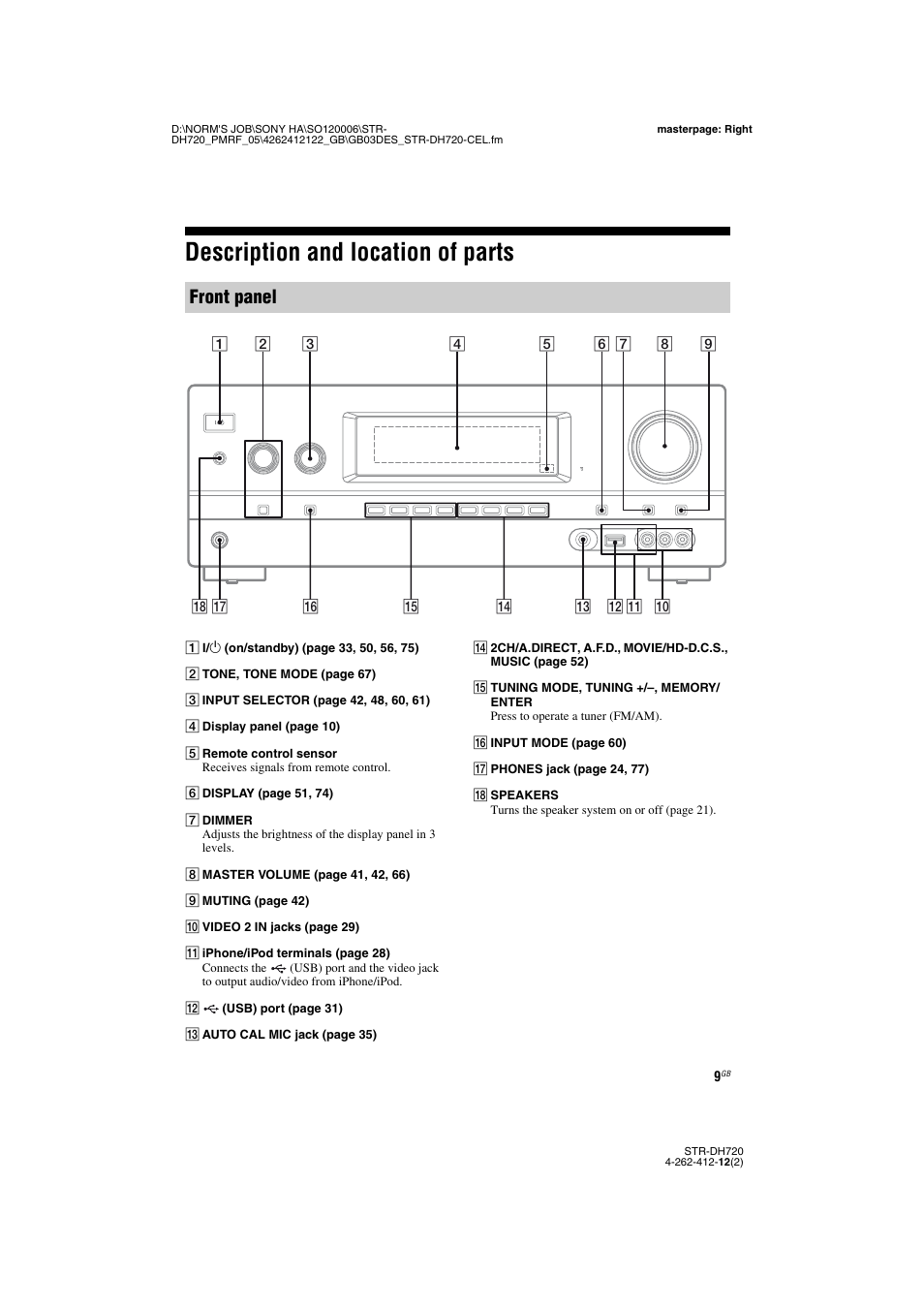 Description and location of parts, Front panel | Sony STR-DH720 User Manual | Page 9 / 88