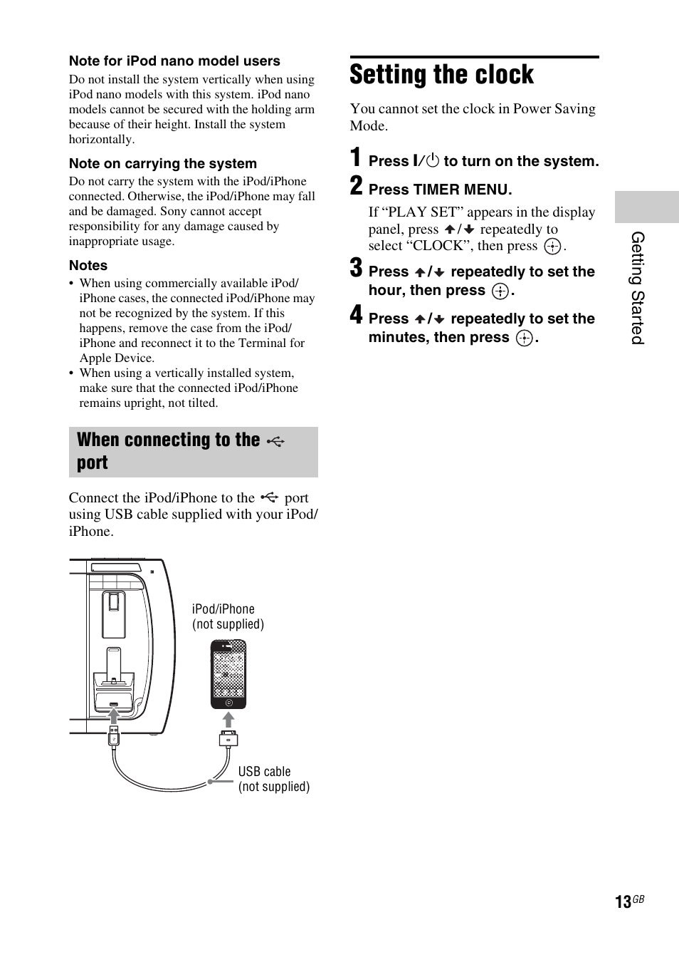 Setting the clock, When connecting to the port | Sony RDH-GTK37iP User Manual | Page 13 / 36