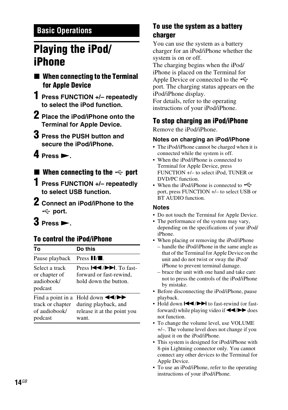 Basic operations, Playing the ipod/iphone, Playing the ipod/ iphone | Sony RDH-GTK37iP User Manual | Page 14 / 36