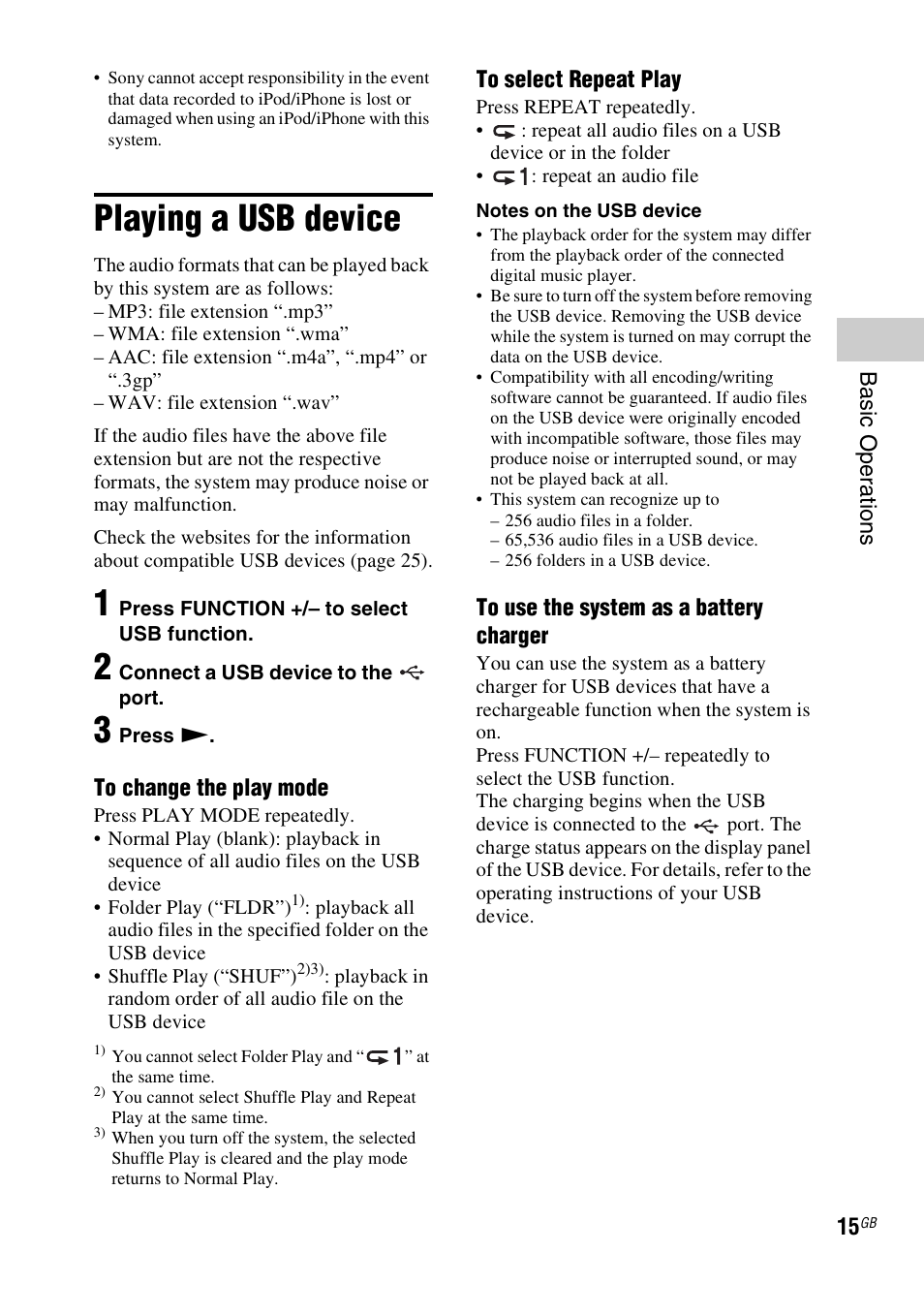 Playing a usb device | Sony RDH-GTK37iP User Manual | Page 15 / 36