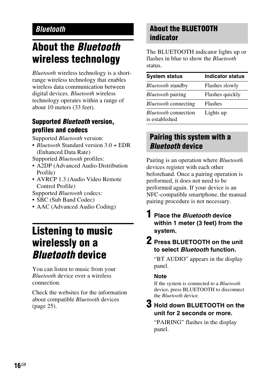 Bluetooth, About the bluetooth wireless technology, Bluetooth about the bluetooth indicator | Pairing this system with a bluetooth device | Sony RDH-GTK37iP User Manual | Page 16 / 36