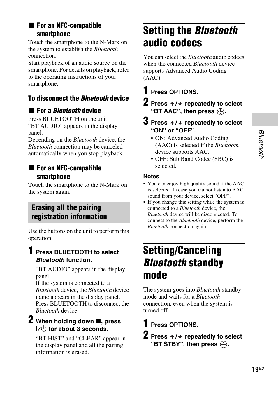 Setting the bluetooth audio codecs, Setting/canceling bluetooth standby mode | Sony RDH-GTK37iP User Manual | Page 19 / 36