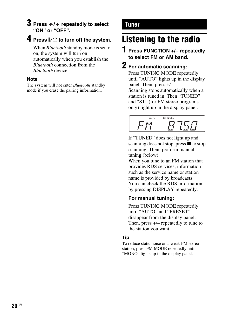 Tuner, Listening to the radio, Listening to the radio 1 | Sony RDH-GTK37iP User Manual | Page 20 / 36
