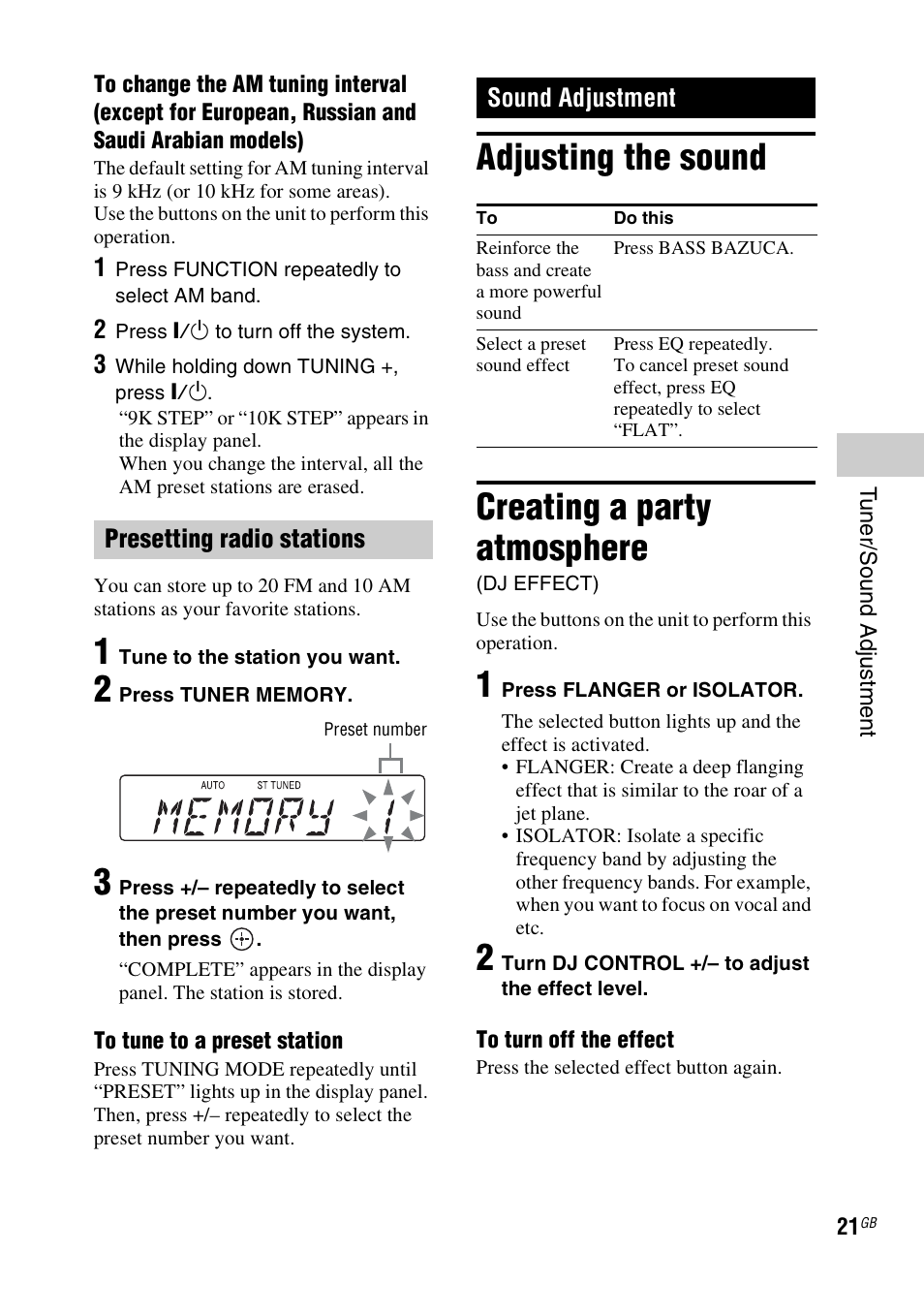 Sound adjustment, Adjusting the sound, Creating a party atmosphere (dj effect) | Adjusting the sound creating a party atmosphere | Sony RDH-GTK37iP User Manual | Page 21 / 36