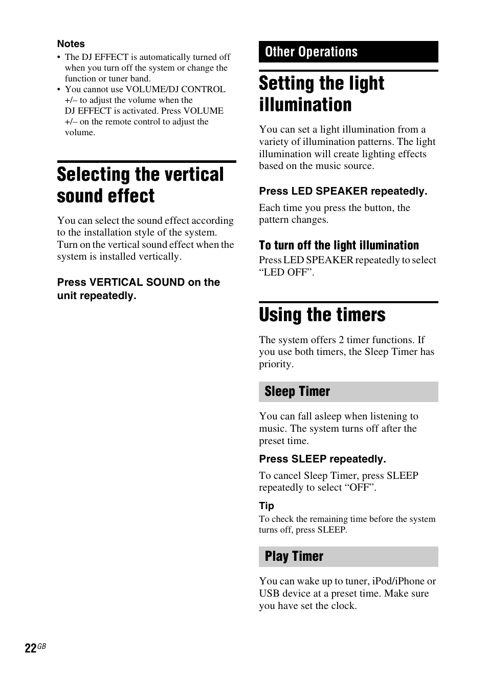 Selecting the vertical sound effect, Other operations, Setting the light illumination | Using the timers, Other operations sleep timer play timer | Sony RDH-GTK37iP User Manual | Page 22 / 36
