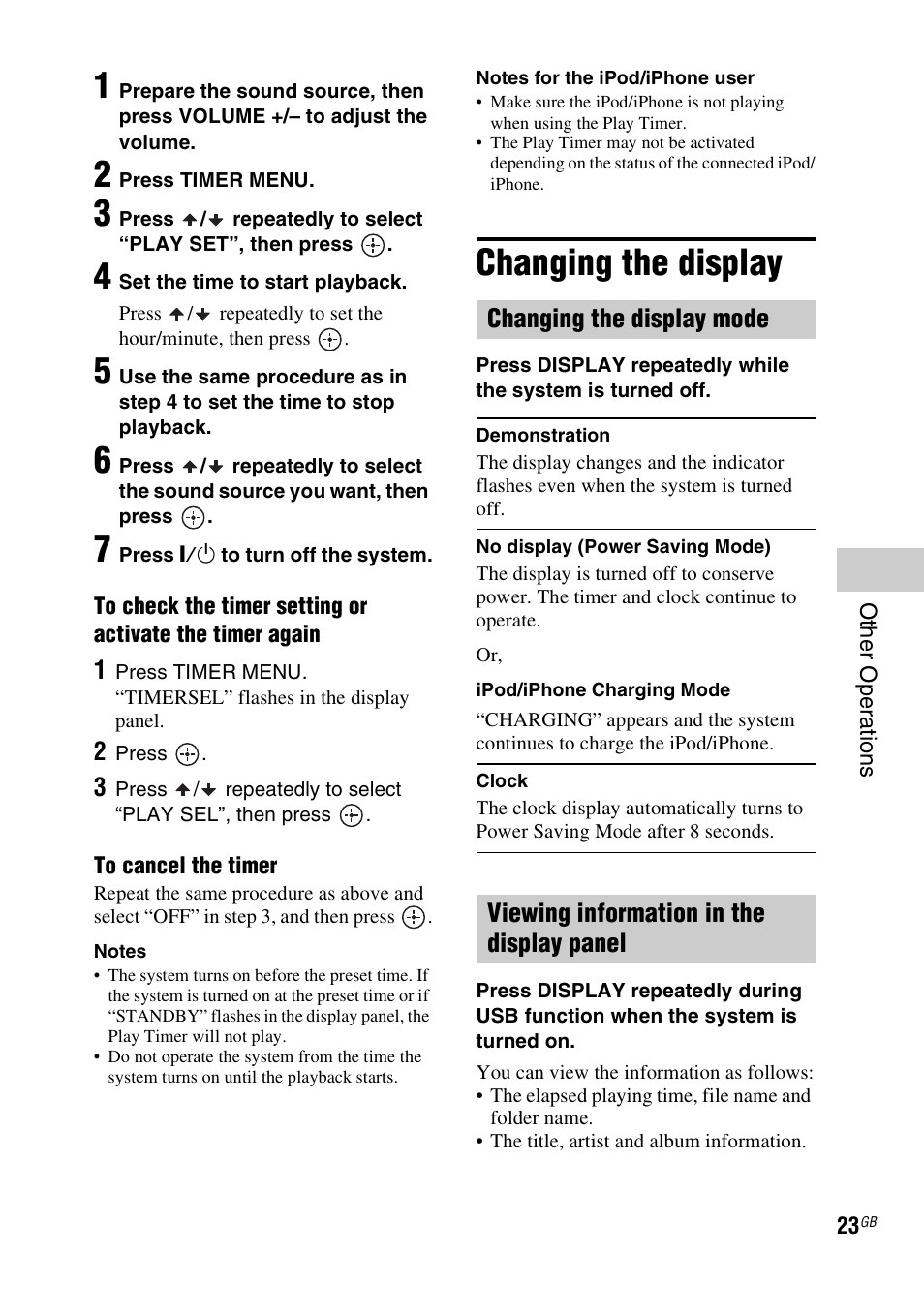Changing the display | Sony RDH-GTK37iP User Manual | Page 23 / 36