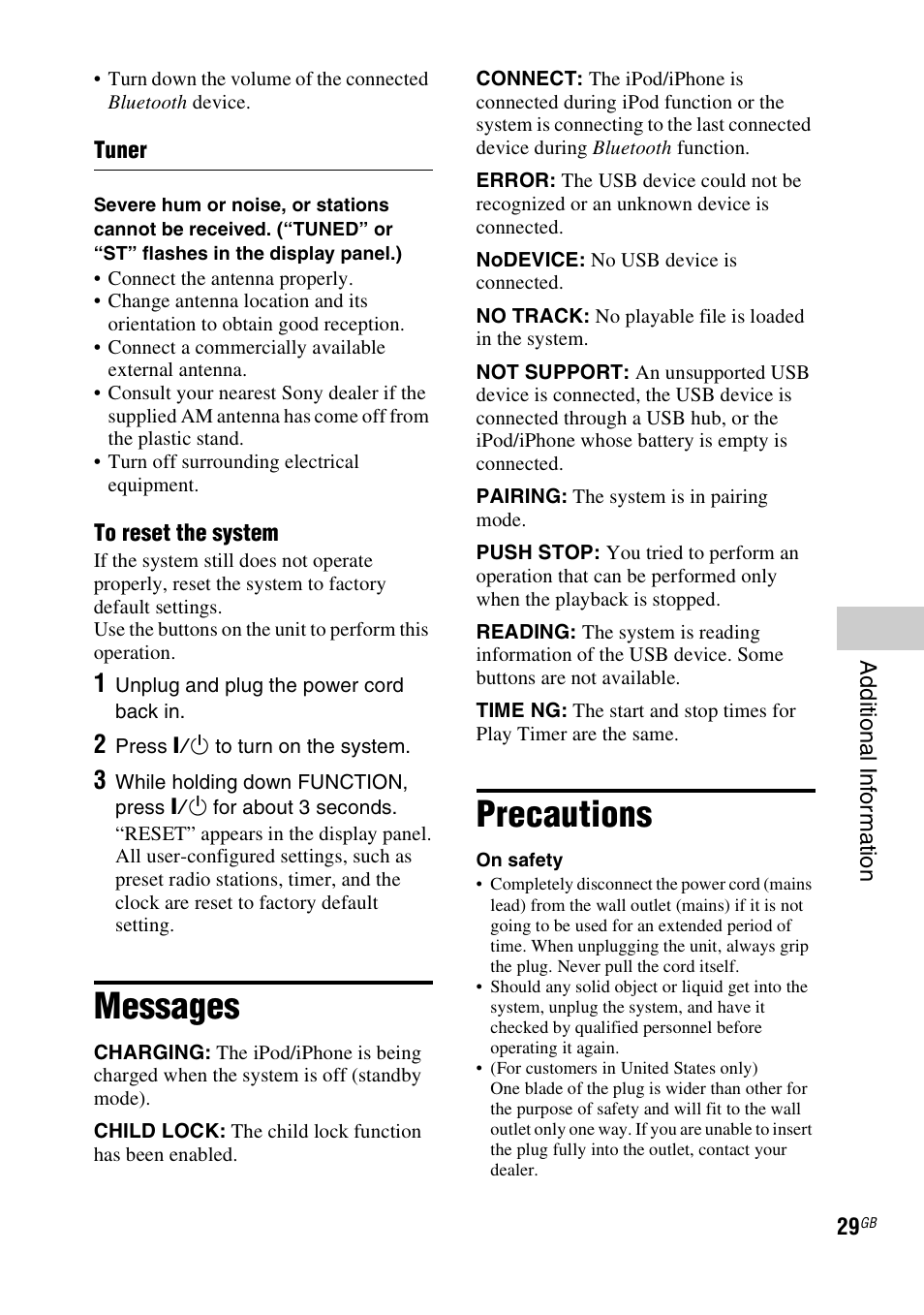 Messages, Precautions | Sony RDH-GTK37iP User Manual | Page 29 / 36