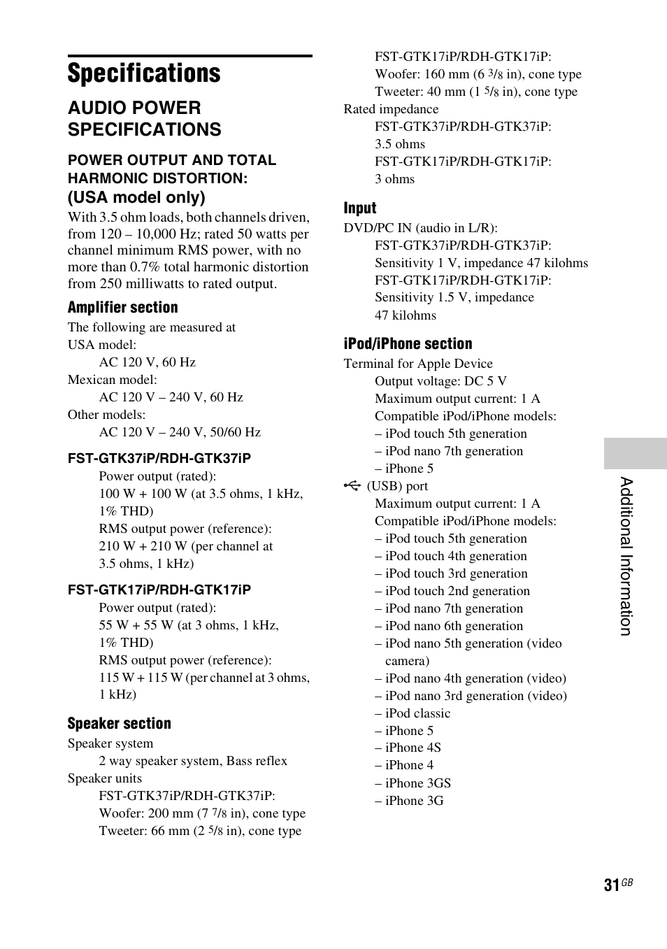 Specifications, Audio power specifications, Addi tio nal in fo rm at ion | Usa model only) | Sony RDH-GTK37iP User Manual | Page 31 / 36