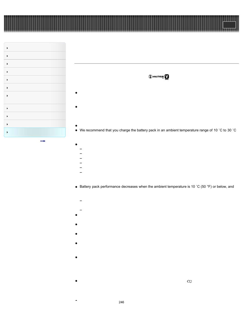 About the “infolithium” battery pack, Details | Sony HDR-CX430V User Manual | Page 246 / 266