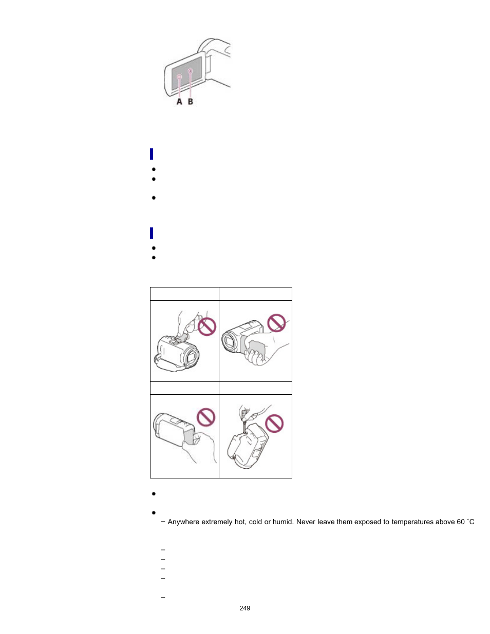 On use and care | Sony HDR-CX430V User Manual | Page 249 / 266