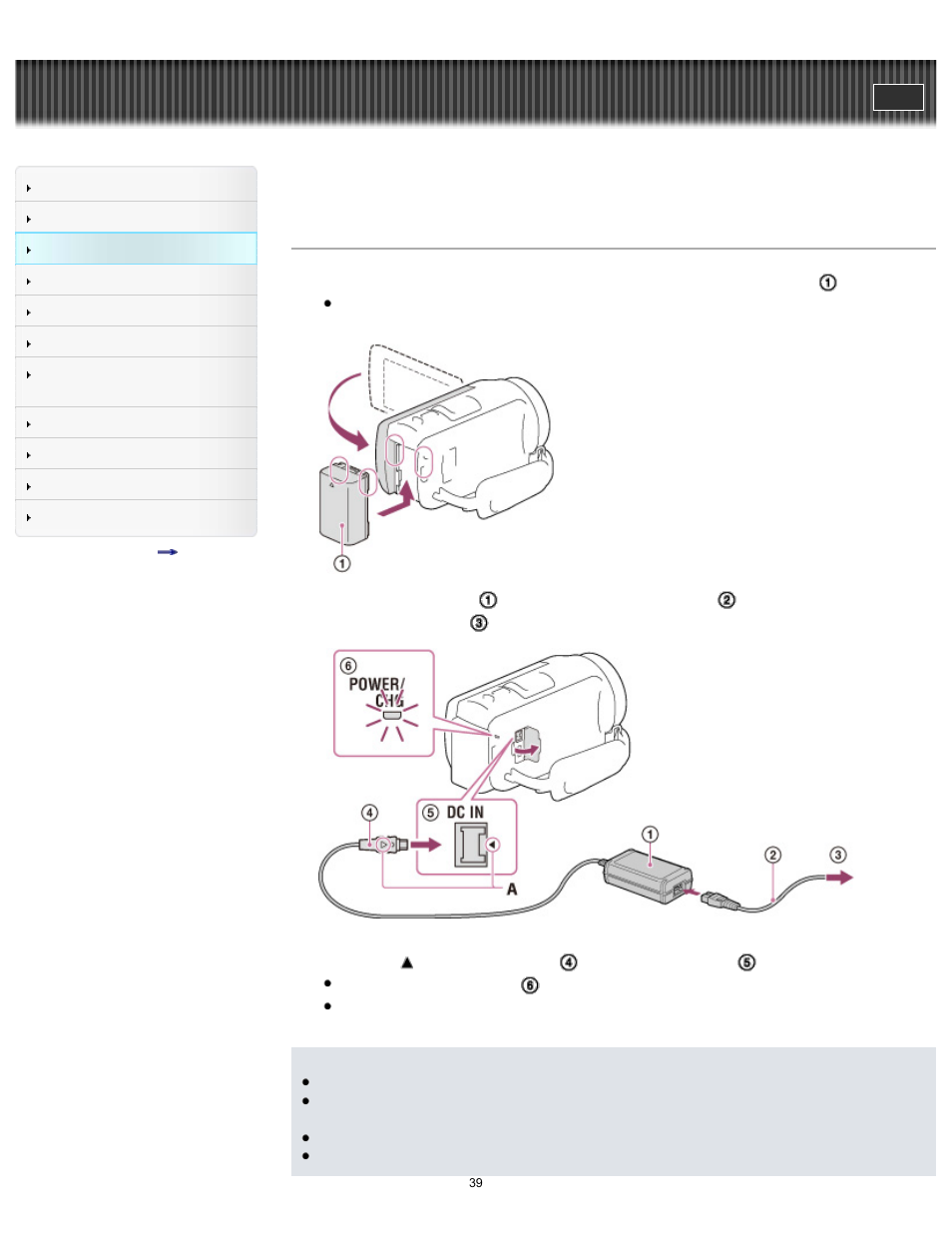 Charging the battery pack using the ac adaptor, Handycam" user guide | Sony HDR-CX430V User Manual | Page 39 / 266