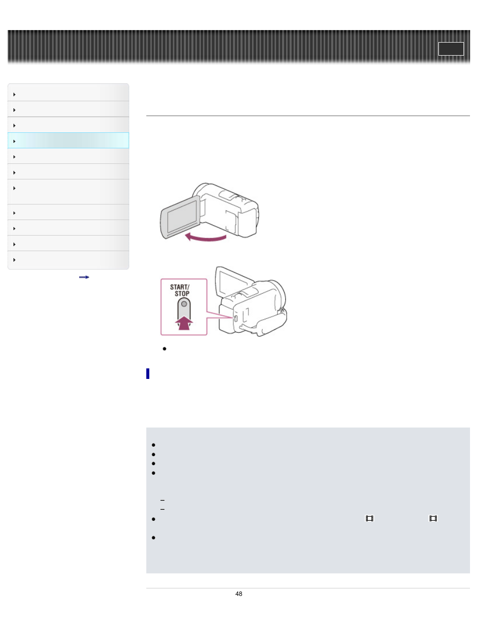 Recording movies, Handycam" user guide | Sony HDR-CX430V User Manual | Page 48 / 266