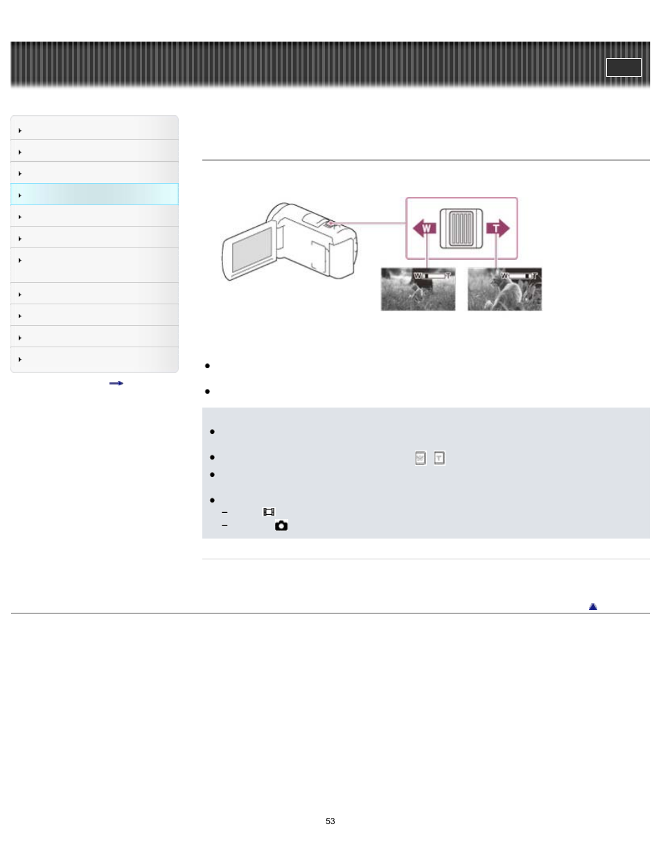 Zooming, Handycam" user guide | Sony HDR-CX430V User Manual | Page 53 / 266